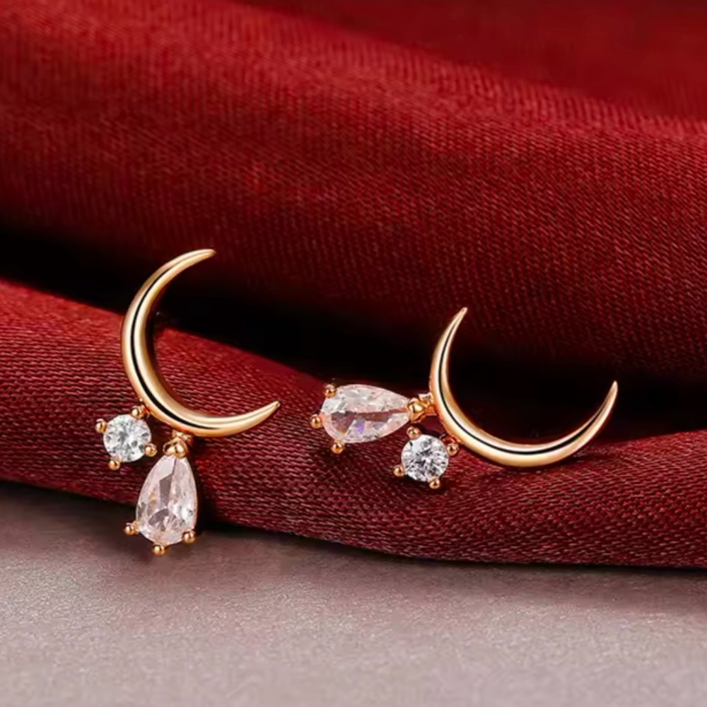 “Tears from the Moon” Crescent Sliver Dripping Crystals Swarovski Tiny 14K Studs - Picture 2 of 12